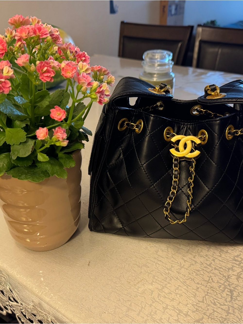 Black Quilted Leather Drawstring Shoulder Bag with Gold CC Chain 25CM.